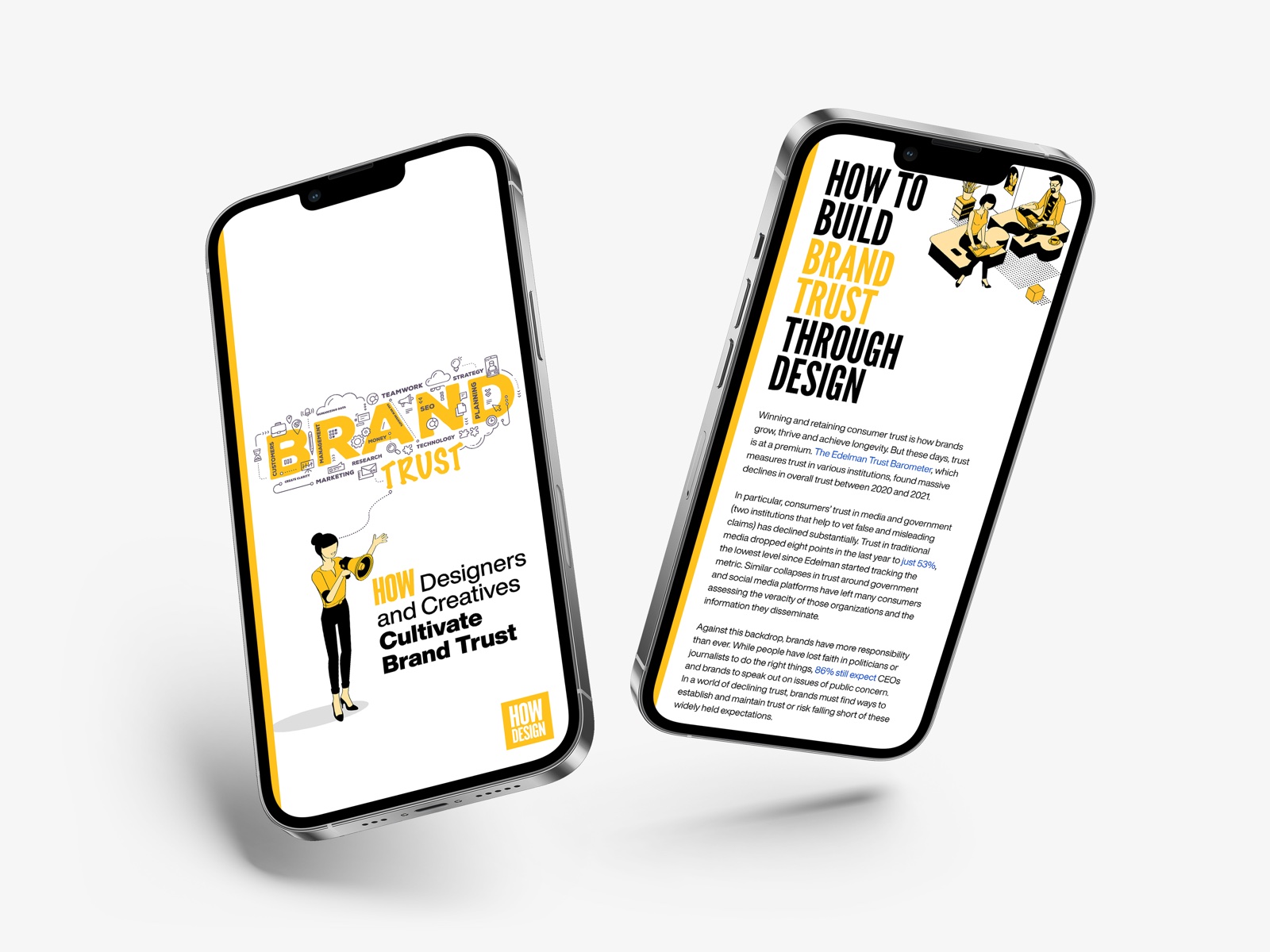 Brand trust editorial cover and article shown on two phones