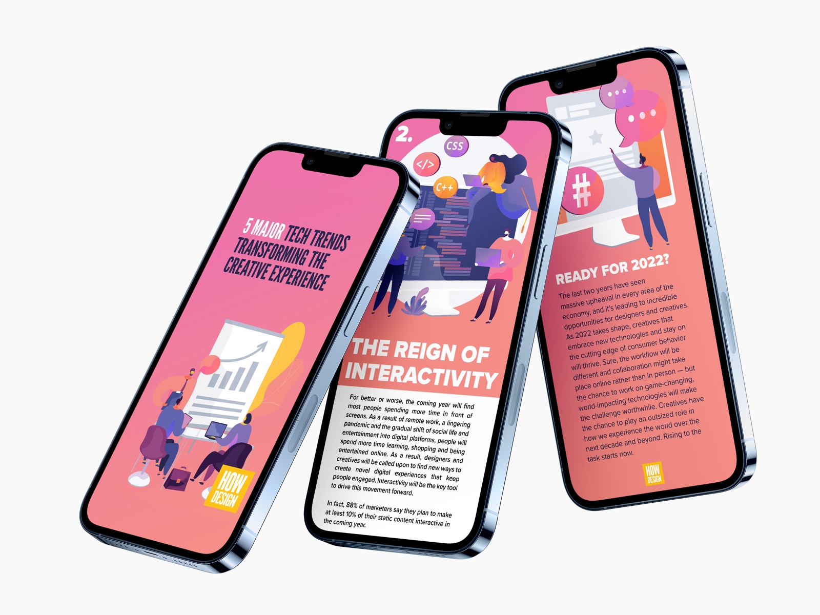 Five major tech trends story shown across three phones