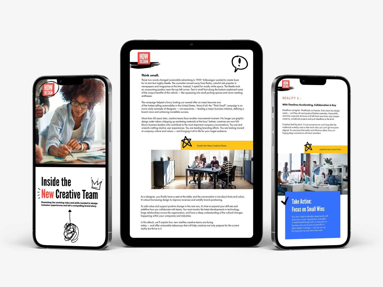Inside the New Creative Team publication displayed across phones and a tablet