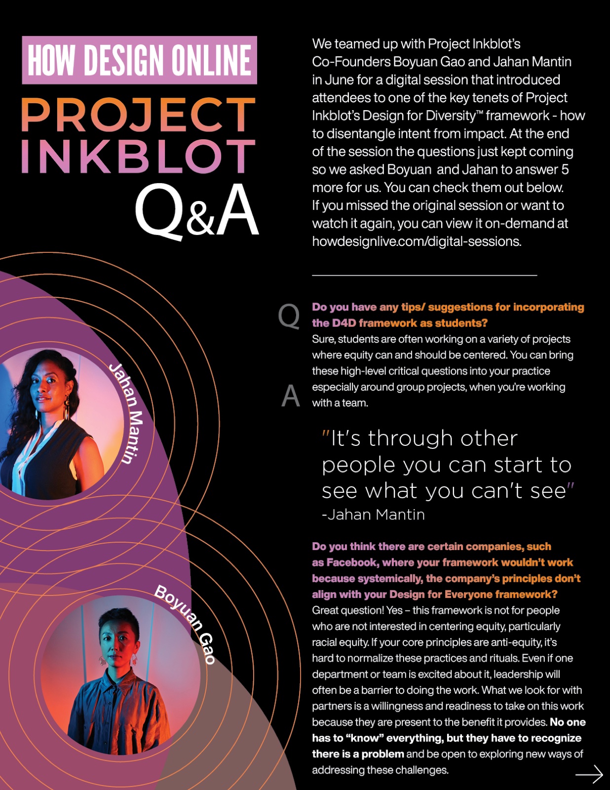 Project Inkblot question-and-answer editorial page created after a HOW Design Online session