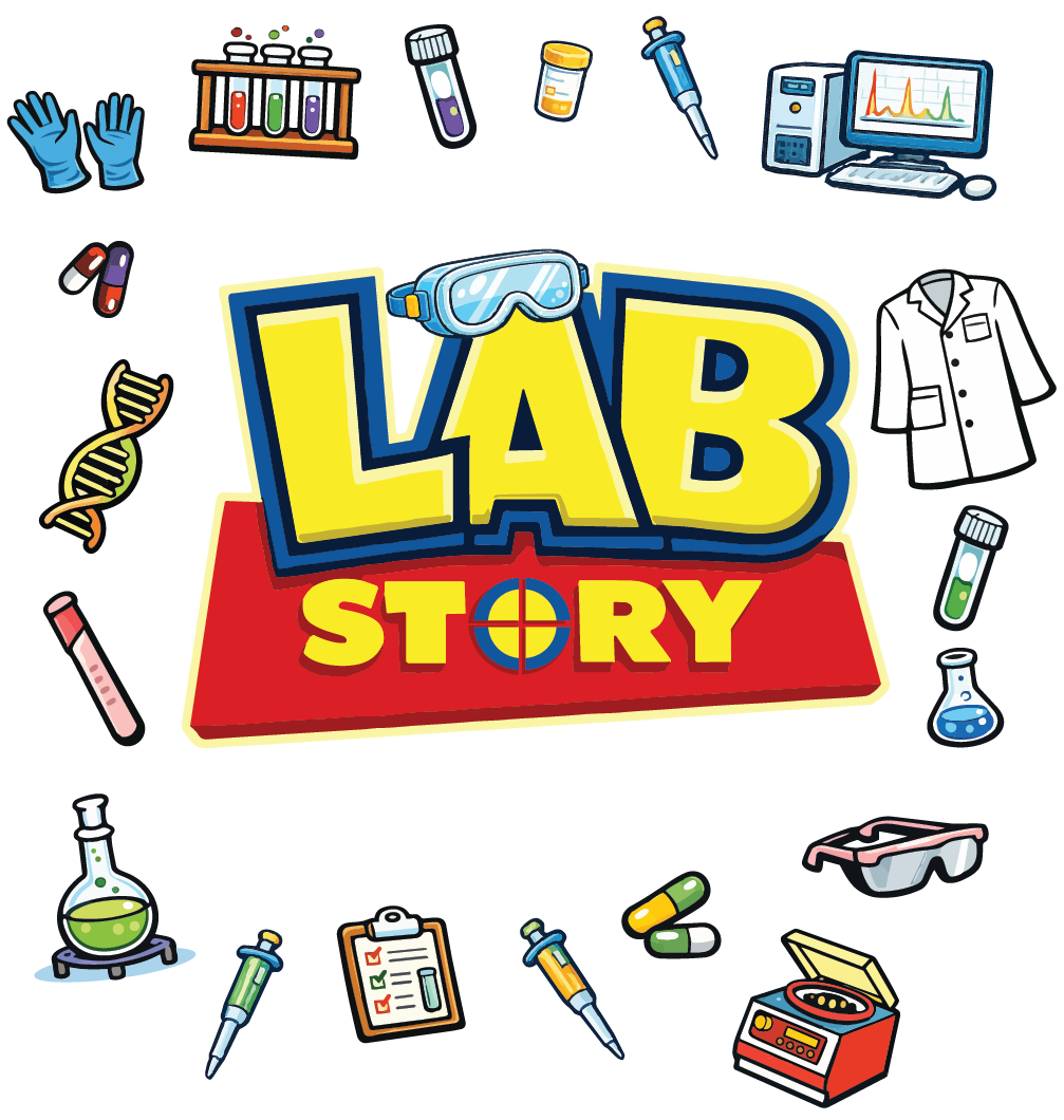 Lab Story shirt-back artwork surrounded by illustrated laboratory tools